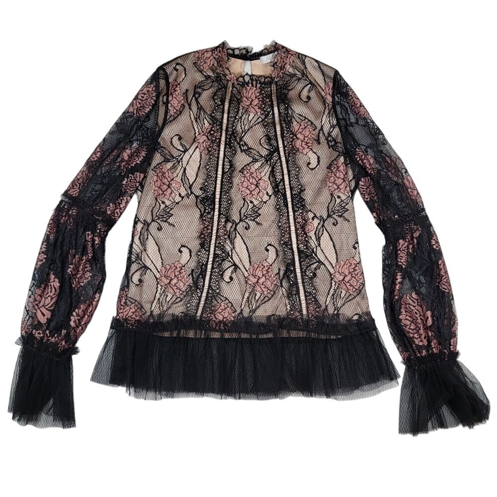 Alexis Lia Whimsigoth Blouse Womens Sz M Black Ruffled Laced Embroidered Floral